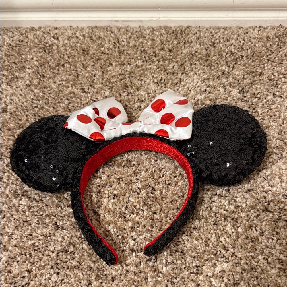 Black Sequin Mouse Ears with Red Polka Dot Bow
